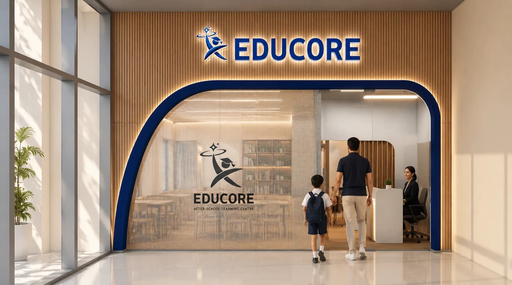 A parent and child arriving at the Educore reception desk through the arched entrance