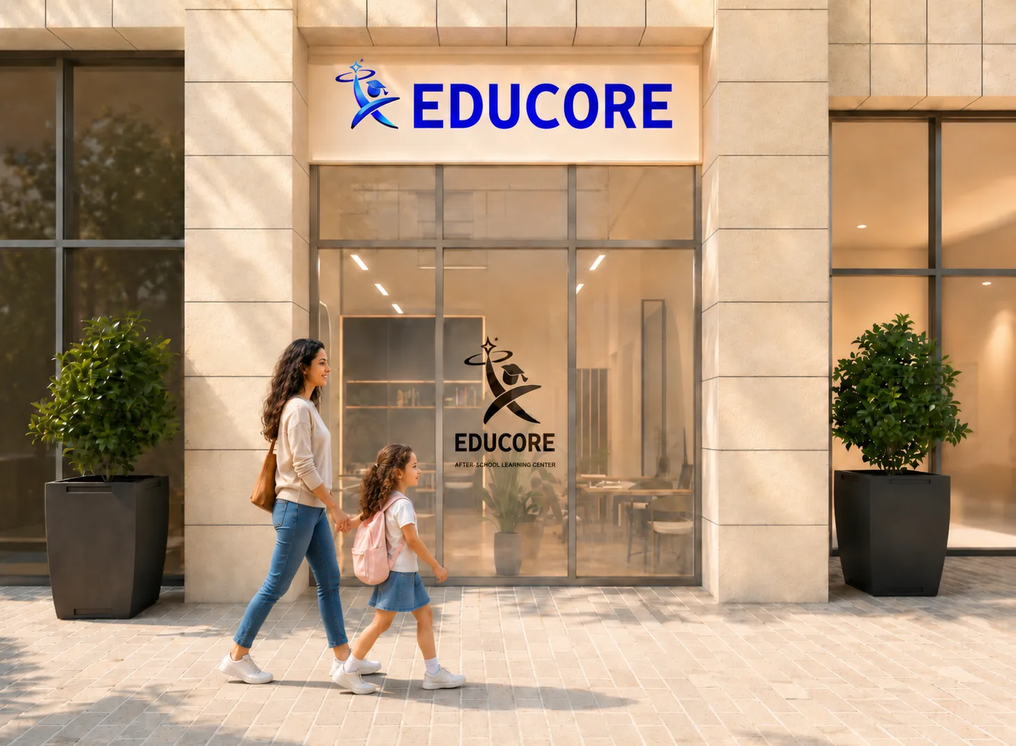 A parent and child walking up to the Educore shopfront on a bright Dubai Hills street